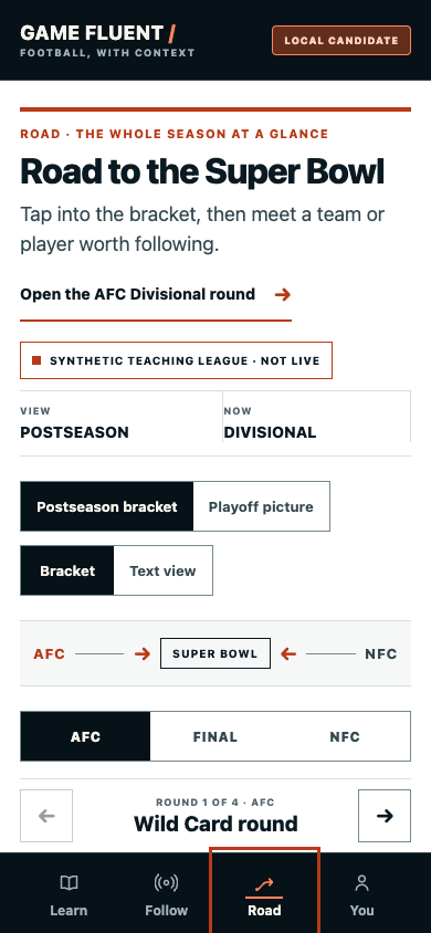 Game Fluent Road screen showing a synthetic AFC and NFC postseason bracket